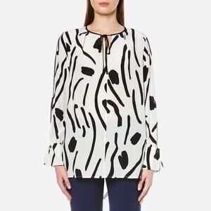 Diane Von Furstenberg Printed Silk Slit Sleeve Tie Neck Blouse Black/White Sz 2